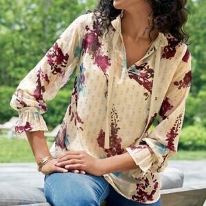 SOFT SURROUNDINGS Primrose Floral Ruffle Metallic Blouse Top in Multi Size L